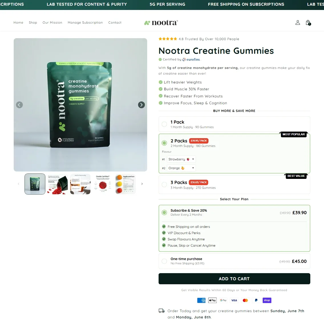 Nootra product page after the CRO programme